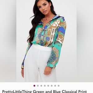 PrettyLittleThing Vibrant Green and Blue Patterned Blouse